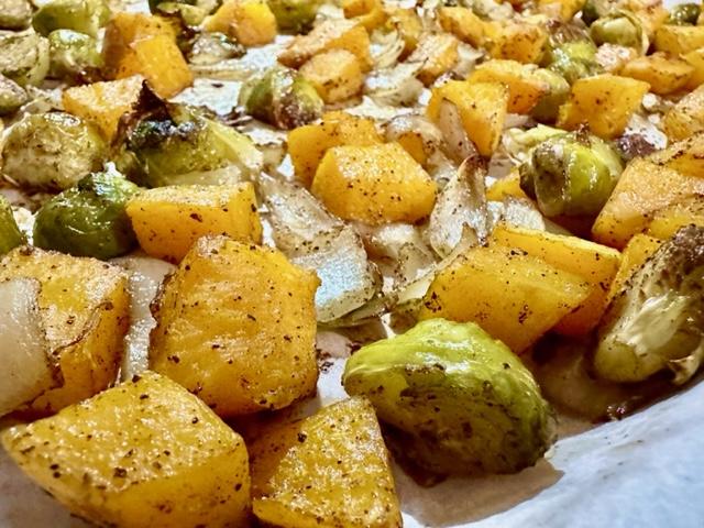 Roasted butternut squash brussels sprouts and onion